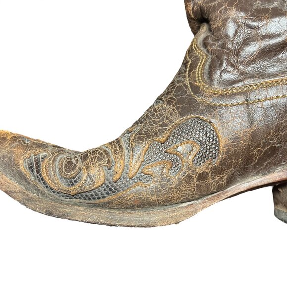 Corral Cowboy Boots Brown Exotic Goat Lizard Inlay Leather Pointed Snip Toe 8.5M - Picture 2 of 15